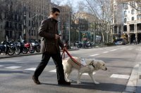 Javier crossing the street with his Mobile Geo guiding him